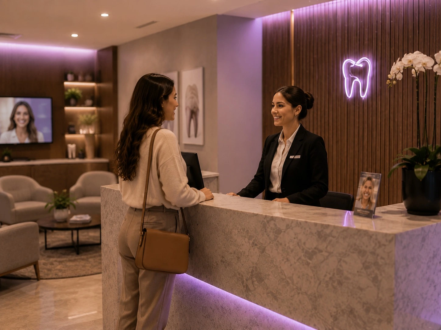 Paciente conversando com a dentista sobre o tratamento